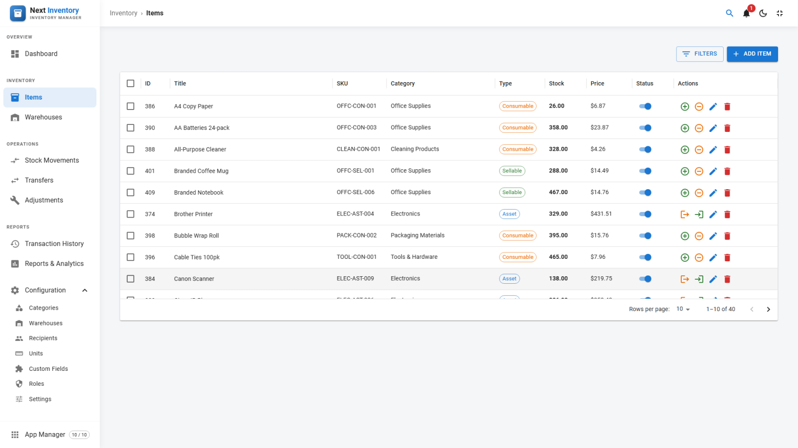 The Items list in Next Inventory, showing item type, stock quantity and low-stock highlighting