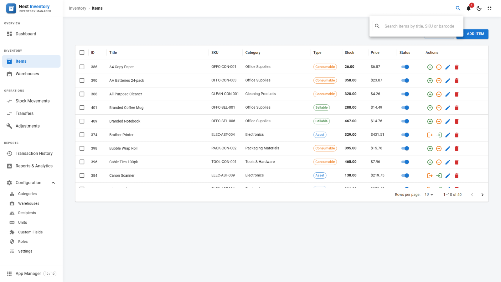 The Ctrl+K quick search in Next Inventory finding an item by SKU