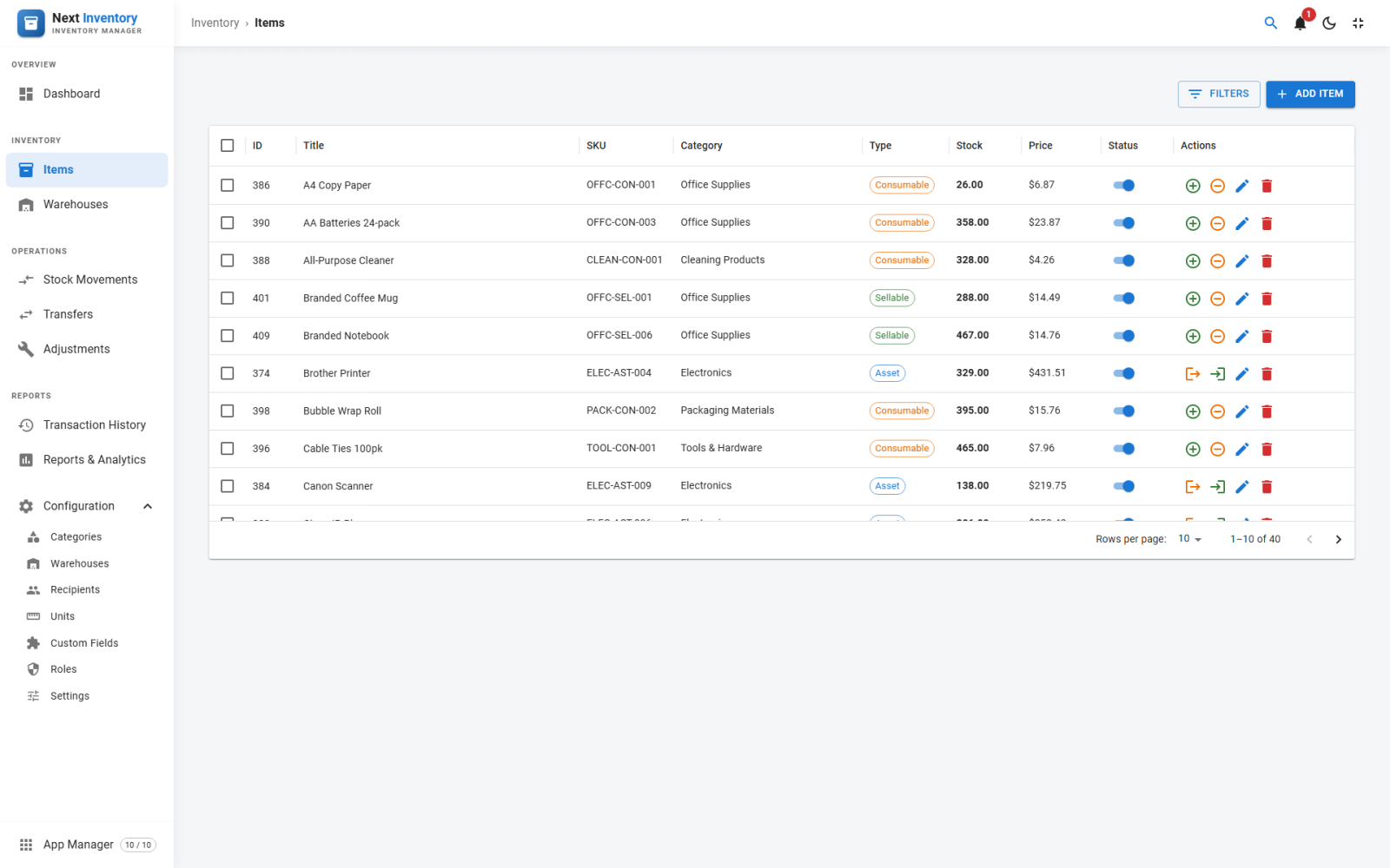 The Items list in Next Inventory showing assets, consumables and sellables with SKU, warehouse, stock quantity and status