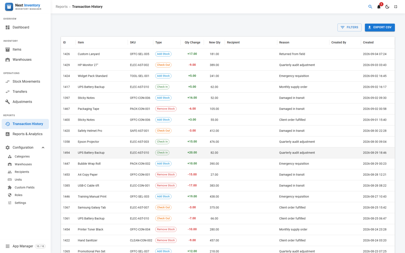 The transaction history in Next Inventory listing check-outs, check-ins and stock changes with recipient, reason and timestamp