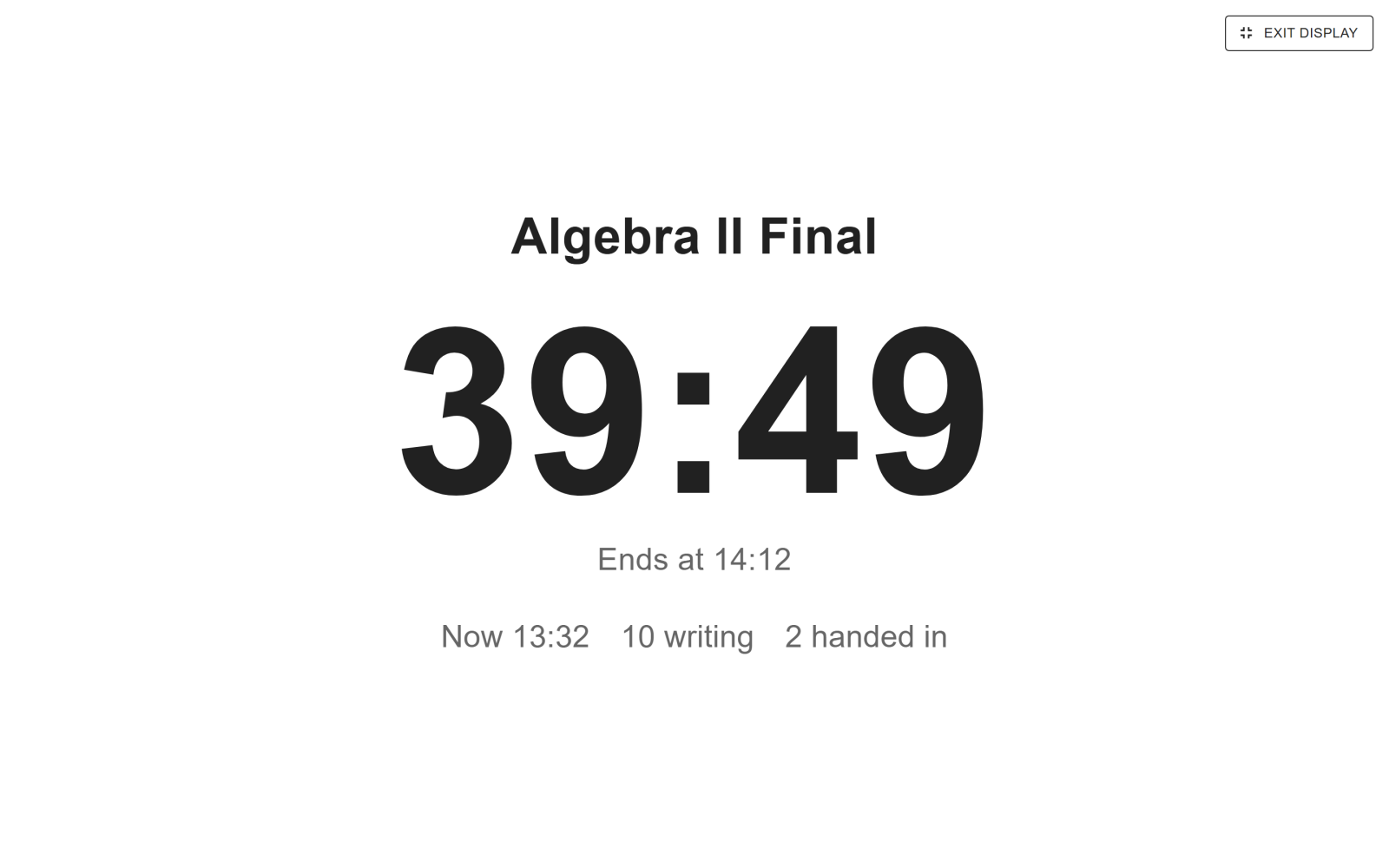 The Room clock display: the exam title, a large countdown, the end time, the current time and how many are writing or have handed in, with no names