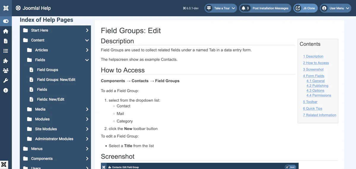 The redesigned Joomla administrator Help page with a folder tree of help topics on the left and the selected help article on the right
