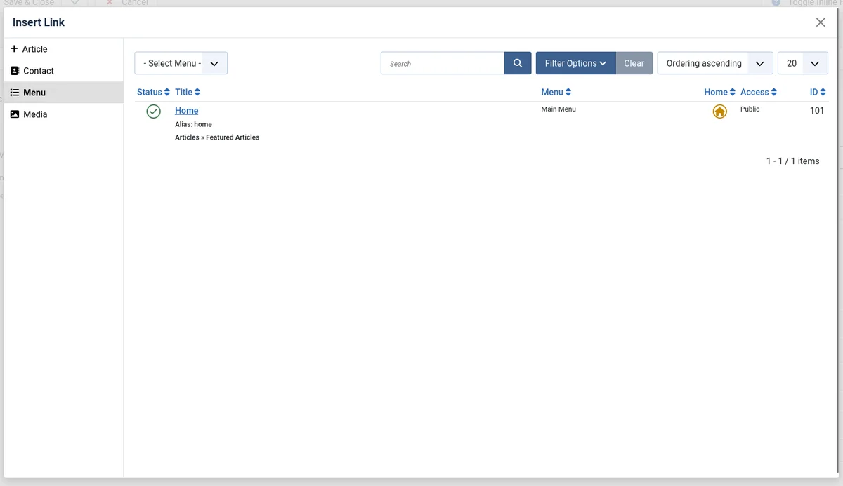 The new Insert Link modal in TinyMCE, with Article, Contact, Menu and Media tabs on the left and a searchable list of menu items on the right