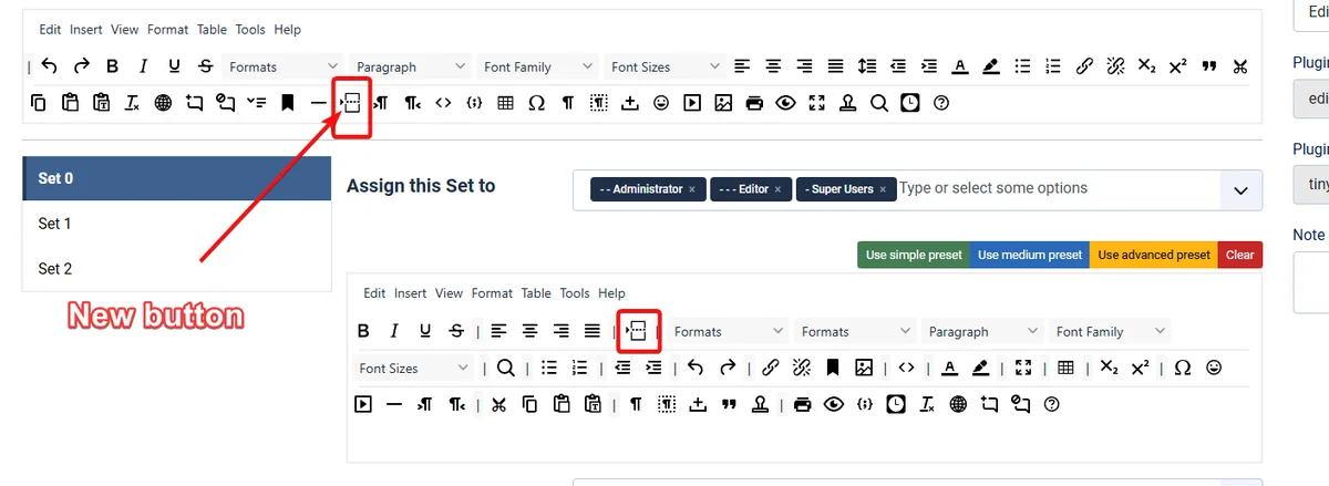 TinyMCE toolbar settings in Joomla with the new Read More button highlighted in two toolbar sets
