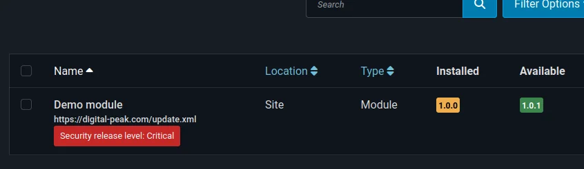Joomla Extensions Update list showing a Demo module update from 1.0.0 to 1.0.1 with a red badge reading Security release level: Critical