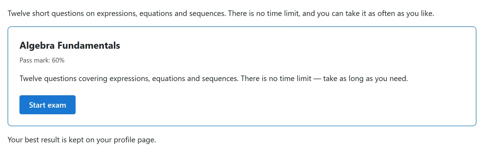 An article with the Algebra Fundamentals exam embedded: its title, pass mark, description and a Start exam button