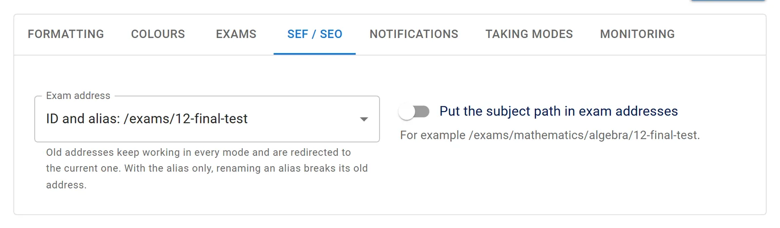 The SEF / SEO tab of the Next Exams settings: an Exam address choice set to ID and alias, and a switch to put the subject path in exam addresses
