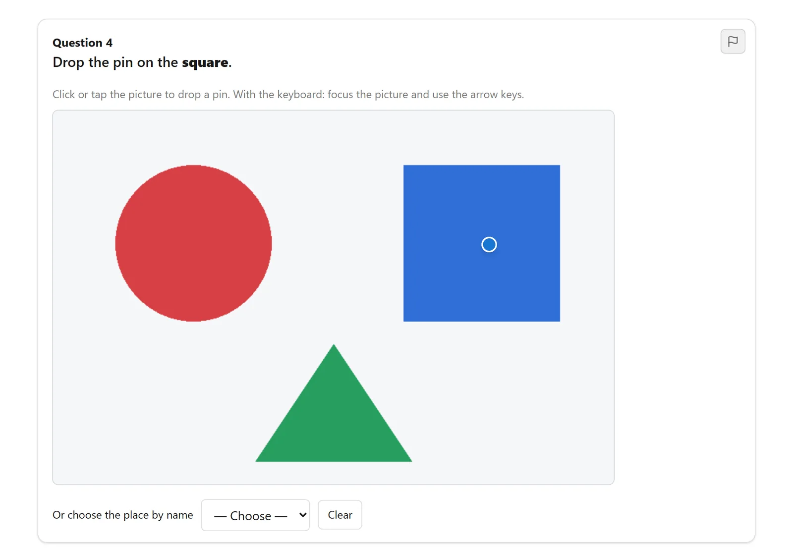 A hotspot question in the exam runner: a picture of a circle, a square and a triangle, with a pin dropped on the square and a drop-down list to choose the place by name