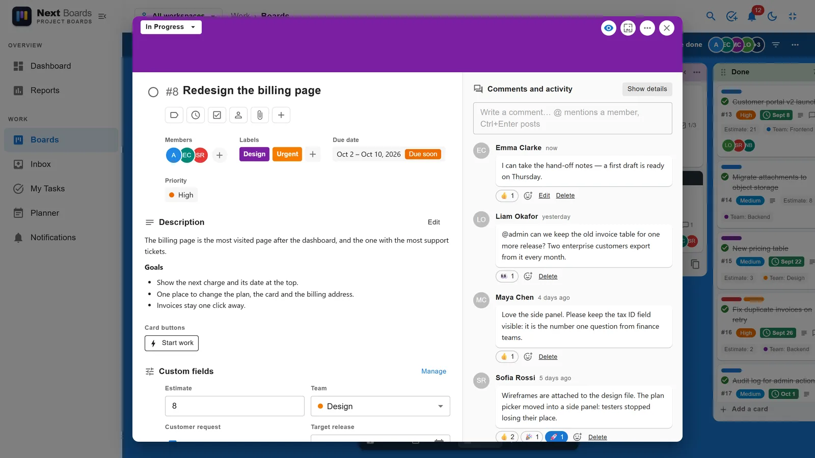Card window with members, labels, a due date, description, a card button, custom fields, a checklist with an assigned item, and a comment thread with emoji reactions