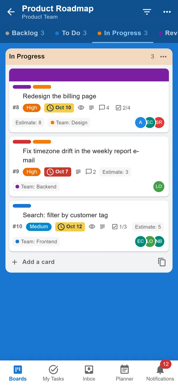 The phone app showing one list of a board at a time under list tabs, with a bottom bar for Boards, My Tasks, Inbox, Planner and Notifications