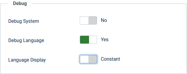 Joomla Global Configuration Debug section with Debug Language set to Yes and Language Display set to Constant