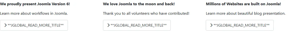 Blog module with Debug Language on: each button shows **JGLOBAL_READ_MORE_TITLE** instead of its text