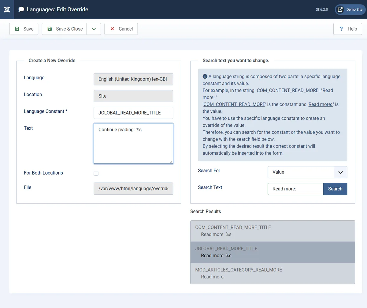 Joomla Edit Override form with Language Constant JGLOBAL_READ_MORE_TITLE and Text Continue reading: %s, next to search results for Read more: listing three matching constants