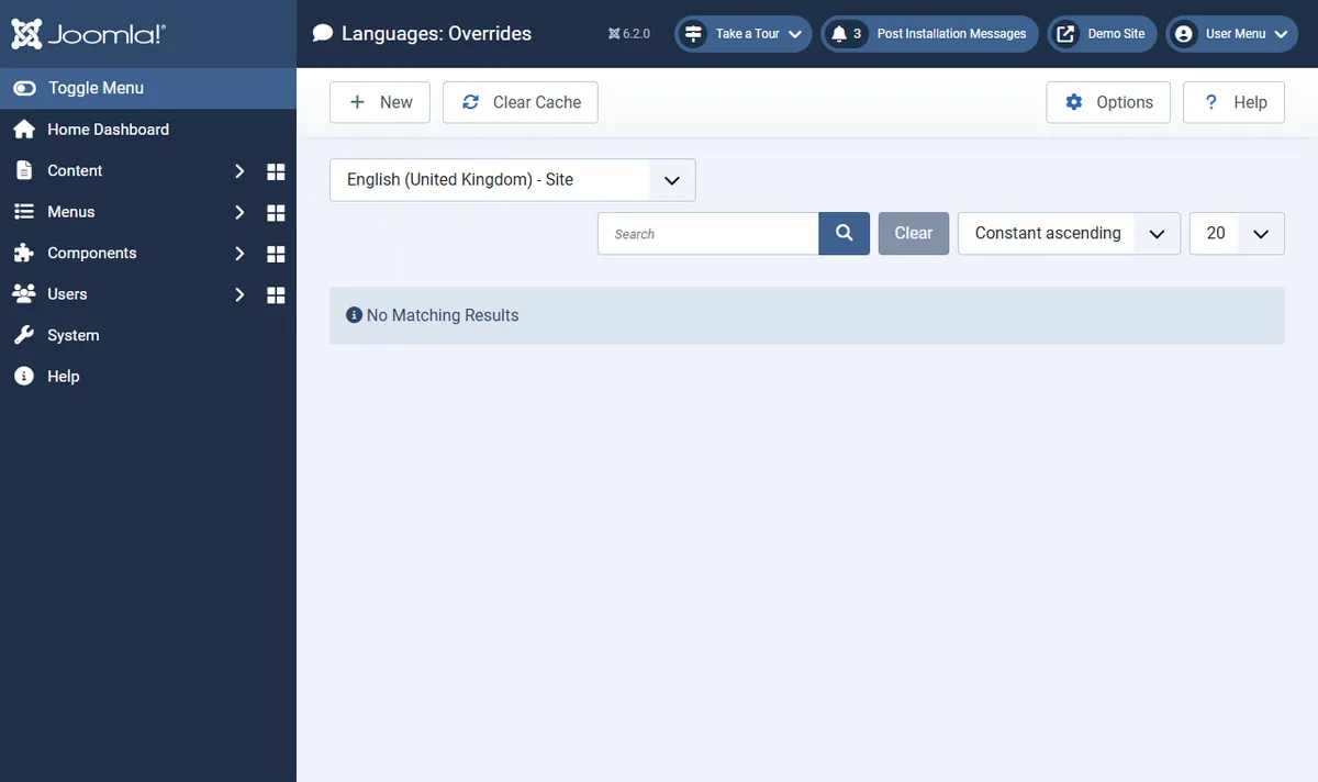 Joomla Languages: Overrides screen with English (United Kingdom) - Site selected and the message No Matching Results