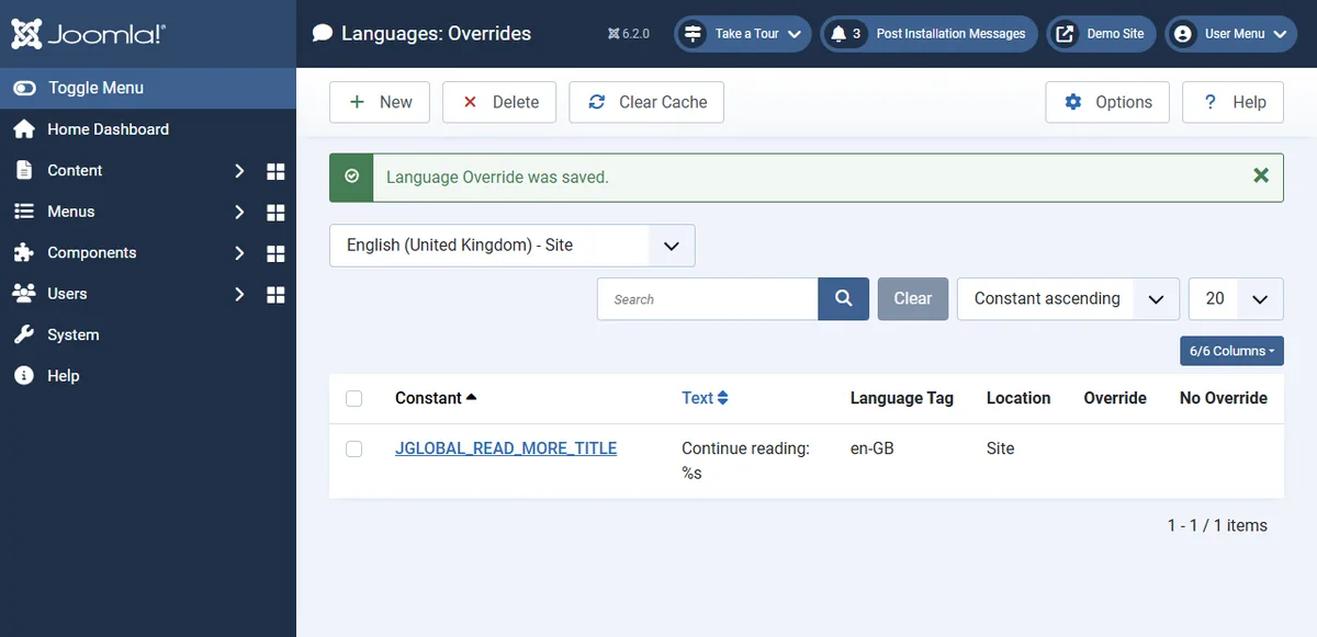 Joomla Overrides list after saving, showing JGLOBAL_READ_MORE_TITLE with the text Continue reading: %s for en-GB Site