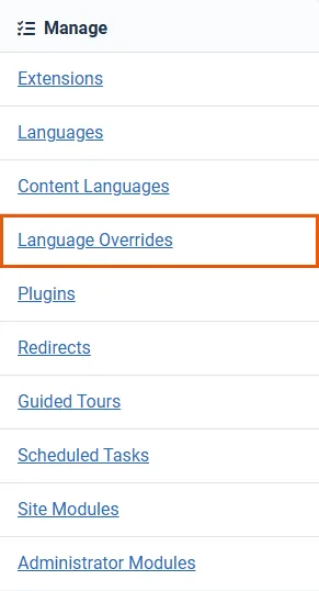 Joomla 6 System dashboard, Manage panel, with the Language Overrides link highlighted between Content Languages and Plugins