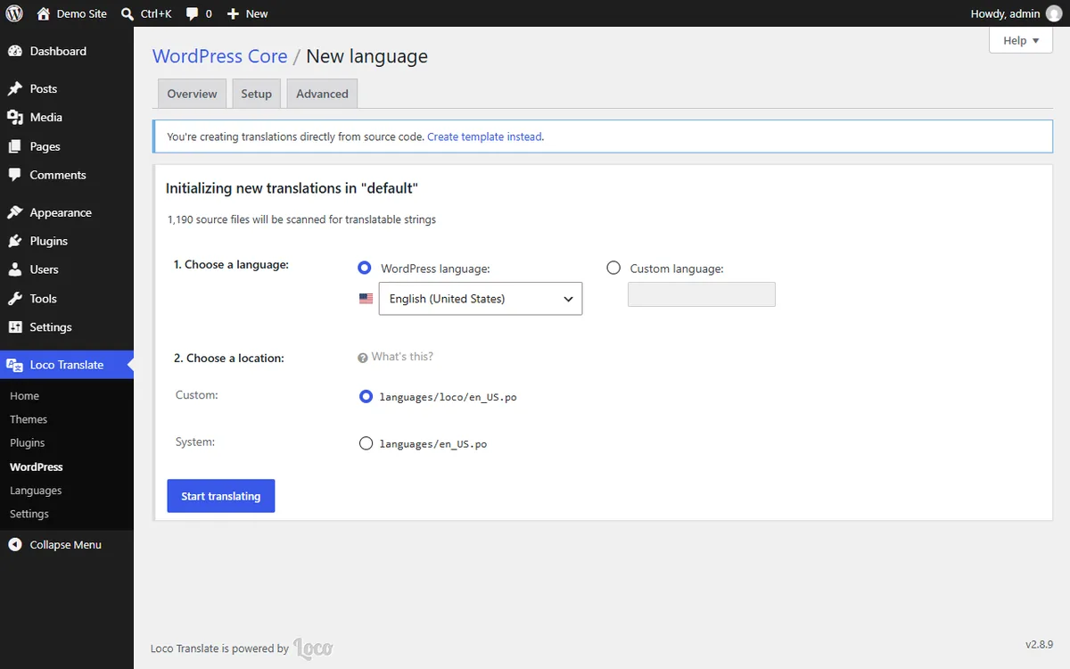 Loco Translate New language screen in WordPress 7.1 with English (United States) selected and a choice between the Custom location languages/loco/en_US.po and the System location languages/en_US.po