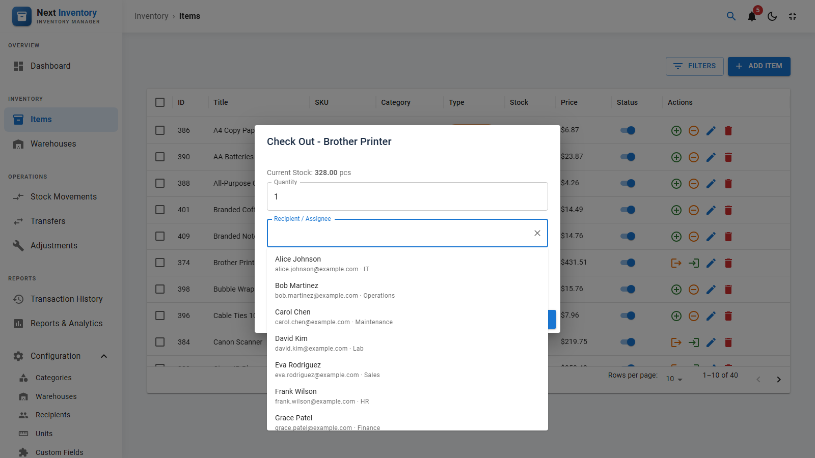 The Check Out window in Next Inventory 6.1.1: the recipient list shows each name with its email and department, and searches as you type
