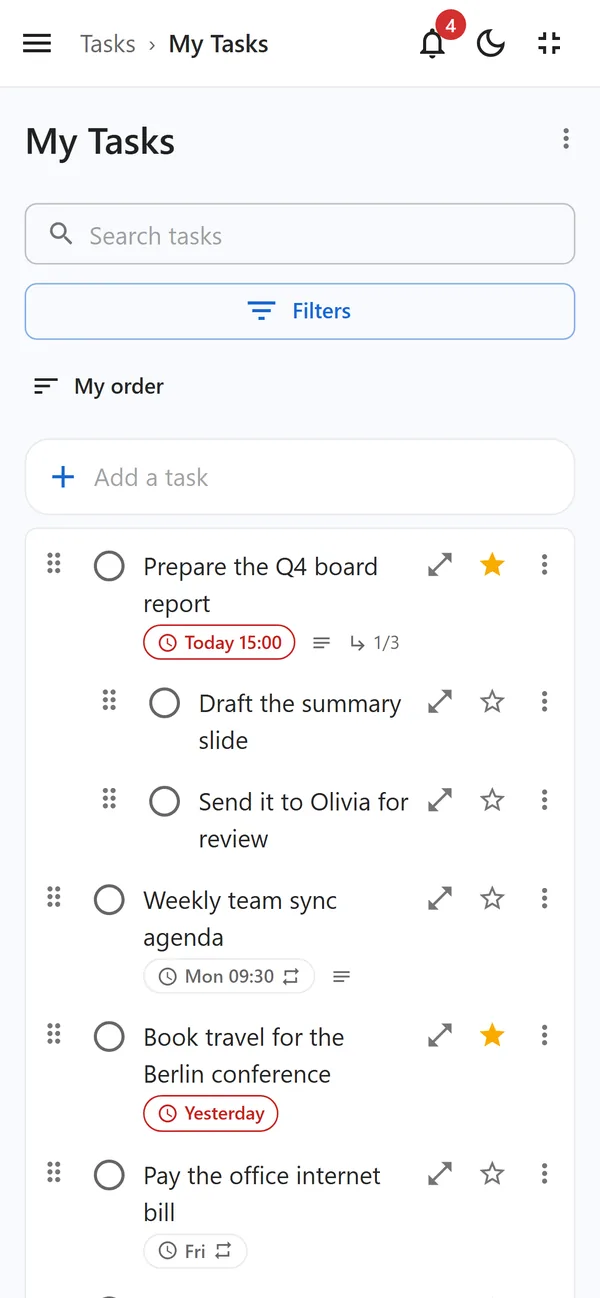 The My Tasks list on a phone, with the add bar, a starred task due today and its subtasks
