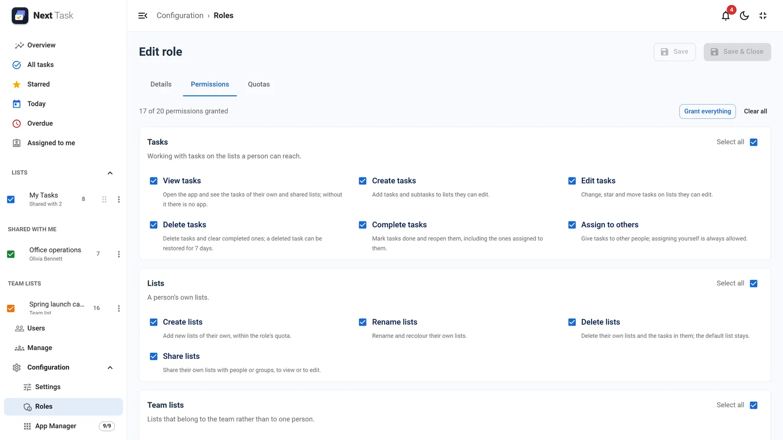 The Permissions tab of the Manager role: one card per feature, each action a checkbox with a line on what it allows