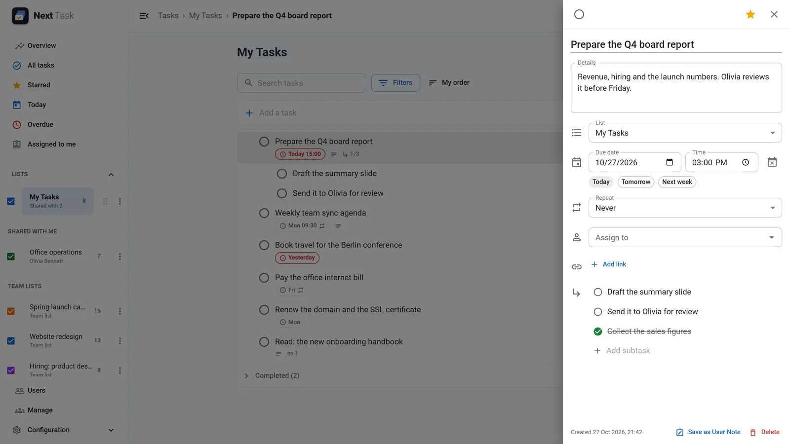 The task drawer of Prepare the Q4 board report with details, list, due date and time, repeat, assignee, links and three subtasks