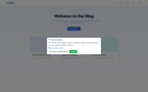 Clean theme consent dialog as a centered modal over a light blog website