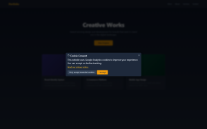 Midnight navy/amber consent dialog centered on a dark portfolio website