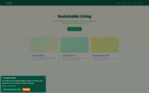 Forest emerald/coral consent dialog in the bottom-left corner of an eco website