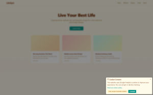 Warm cream/teal consent dialog in the bottom-right corner of a lifestyle blog
