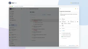 The task drawer of Prepare the Q4 board report with details, list, due date and time, repeat, assignee, links and three subtasks.