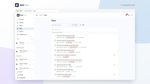 The Today smart view collecting the open tasks due today or earlier from every list, each with its list, due chip and assignee.