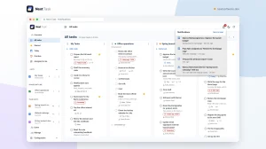 The notifications panel open on the All tasks board, listing two assignments, a due task and a shared list.
