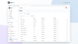 The Manage page on its Shares tab, a site-wide table of list shares with owner, recipient and an editable permission.