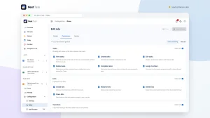 The Permissions tab of the Manager role: one card per feature, each action a checkbox with a line on what it allows, and a Select all box per card.