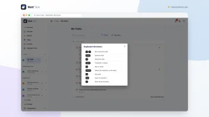 The keyboard shortcuts dialog listing the single-key shortcuts for moving, opening, completing, starring and adding tasks.