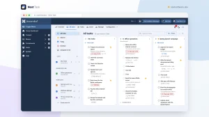 Next Task embedded in the Joomla administrator, with the Joomla menu on the left and the All tasks board on the right.