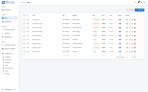 Items list showing each item with its image, SKU, type, warehouse, stock quantity and status, with the filter and add buttons above