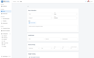 The new item form with image upload, title, SKU, barcode and serial number fields, stock quantity, unit price and low-stock threshold, and a custom fields section