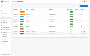Stock Movements list showing batched check-in, check-out, add-stock and remove-stock operations with their reference, type, warehouse, line count and status