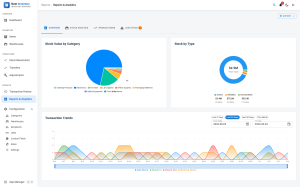 Reports screen showing stock valuation and movement charts with a date range filter offering Last 7 Days, Last 30 Days, Last 90 Days and This Month shortcuts