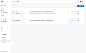Roles list showing each role with its title, description and published status, alongside the role assignments tab