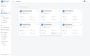 Warehouses overview showing a card per site with its item count, inventory value, low-stock count and recent activity