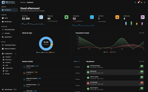 Next Inventory dashboard in dark mode showing stat cards for total value, item count, transactions, low stock and warehouses, above a stock-by-type doughnut chart, a transaction trend chart, recent activity and top movers