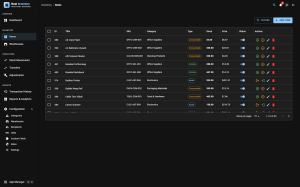 Items list in dark mode showing each item with its image, SKU, type, warehouse, stock quantity and status, with the filter and add buttons above