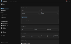 The new item form in dark mode with image upload, title, SKU, barcode and serial number fields, stock quantity, unit price and low-stock threshold, and a custom fields section