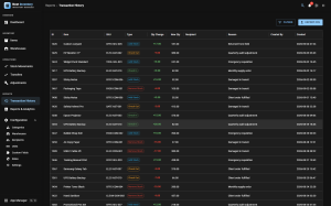Transaction history in dark mode listing check-ins, check-outs, stock additions and removals with item, quantity change, resulting quantity, recipient, reason and timestamp