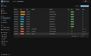 Stock Movements list in dark mode showing batched check-in, check-out, add-stock and remove-stock operations with their reference, type, warehouse, line count and status