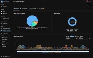 Reports screen in dark mode showing stock valuation and movement charts with a date range filter offering Last 7 Days, Last 30 Days, Last 90 Days and This Month shortcuts
