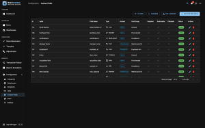 Custom Fields list in dark mode showing each field with its label, type, context and fieldset, and flags marking which are searchable and filterable
