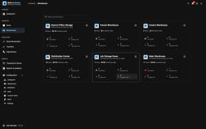Warehouses overview in dark mode showing a card per site with its item count, inventory value, low-stock count and recent activity